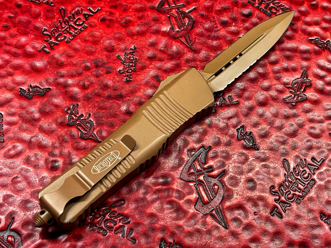 Marfione Custom/Microtech Knives Combat Troodon, Double Edge, 3/4 Serrations, Coyote Tan Cerakote, 1 of 2