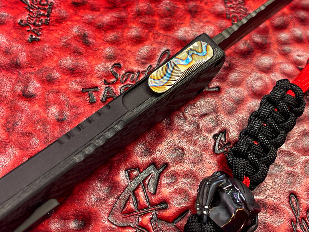 Heretic Knives Manticore X Tanto DLC  Predator Edition w/ Carbon Fiber Back and Flamed Ti Accents. Cobalt Predator Bead