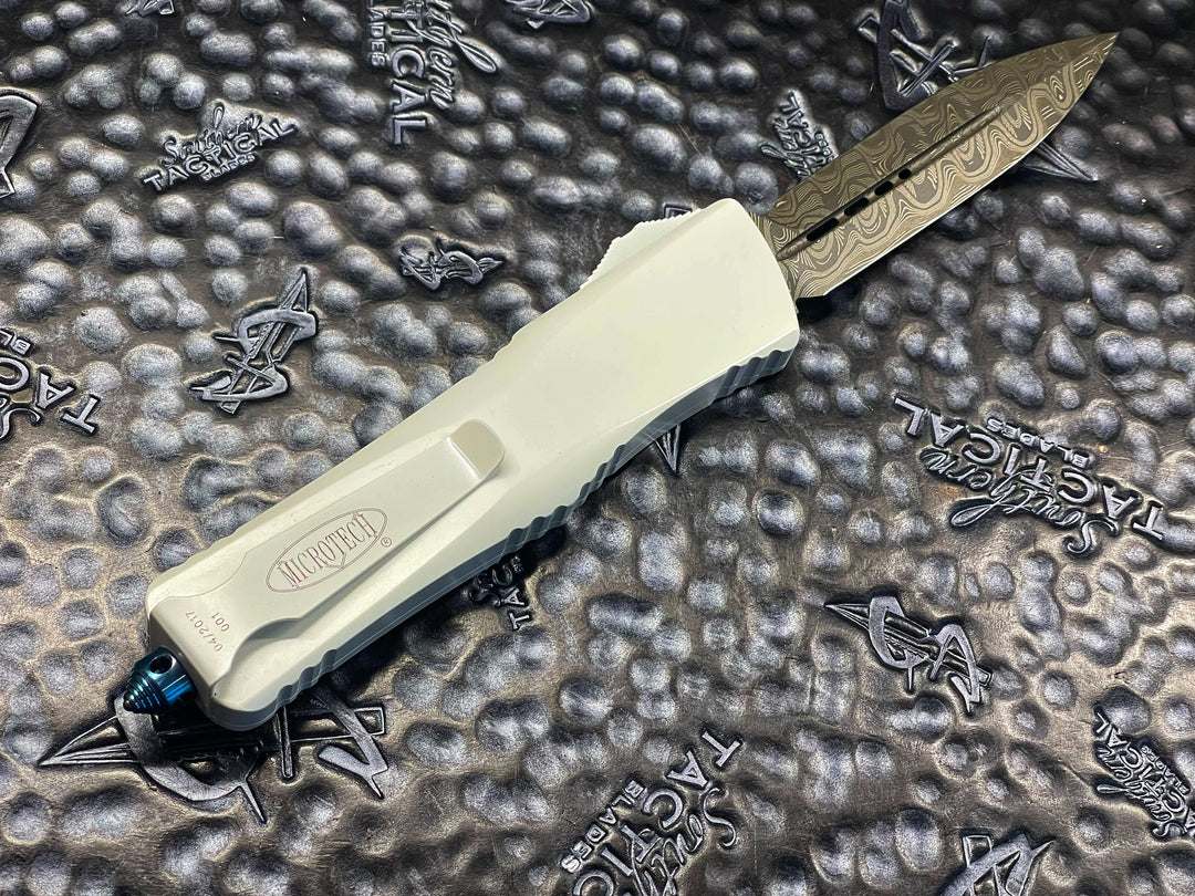 Microtech Combat Troodon, Double Edge Damascus, White Chassis w/ Blue Titanium Accents, Double Action OTF Knife Serial #001