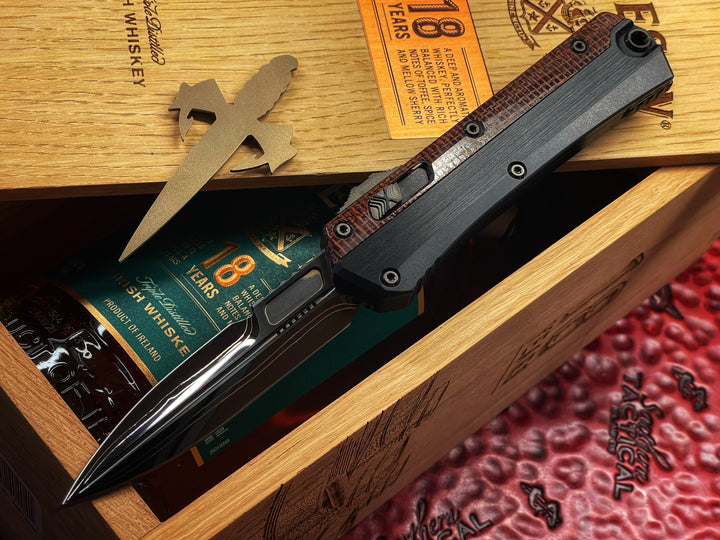 Marfione Custom Glykon 
Hot Blued WWII Pocket Change Pattern Broken Anvil Damascus,
Hefted Black Alloy w/ Burlap Micarta Overlay & DLC Two-Tone
Hardware, Double Action OTF Knife