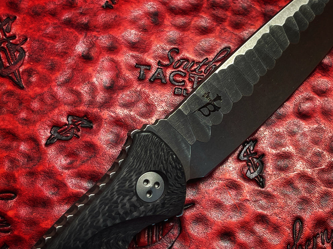 Marfione Custom Knives / Borka Blades Collaboration Socom Alpha Tanto Star Grind, Stonewash, Rock Pattern Carbon Fiber Scales, Fixed Blade
