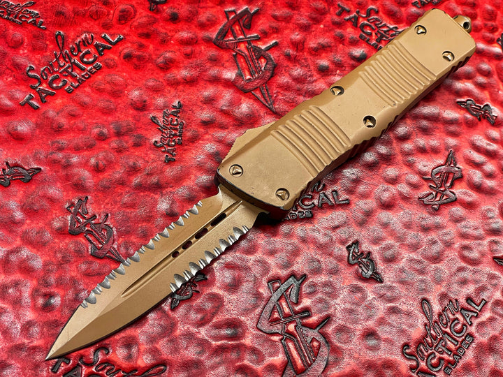 Marfione Custom/Microtech Knives Combat Troodon, Double Edge, 3/4 Serrations, Coyote Tan Cerakote, 1 of 2