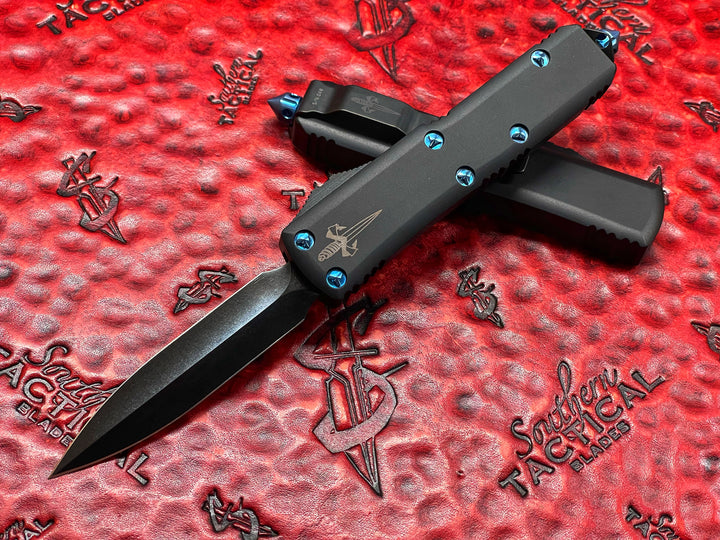 MARFIONE Custom UTX-85 Double Edge Spike Grind, Stonewash DLC, Blue Titanium Accents, Double Action Automatic OTF Knife