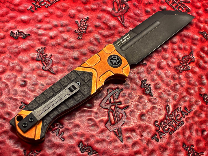 Heretic Knives Butcher Auto, DLC Blade, Carbon Fiber and copper Scales. OTS SN 002