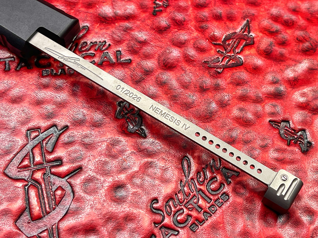 Microtech Nemesis IV, Double Edge, MARFIONE Select, Stonewash Finish, Anodized Alloy, Double Vapor Blast Stainless Accents, Single Action OTF Knife