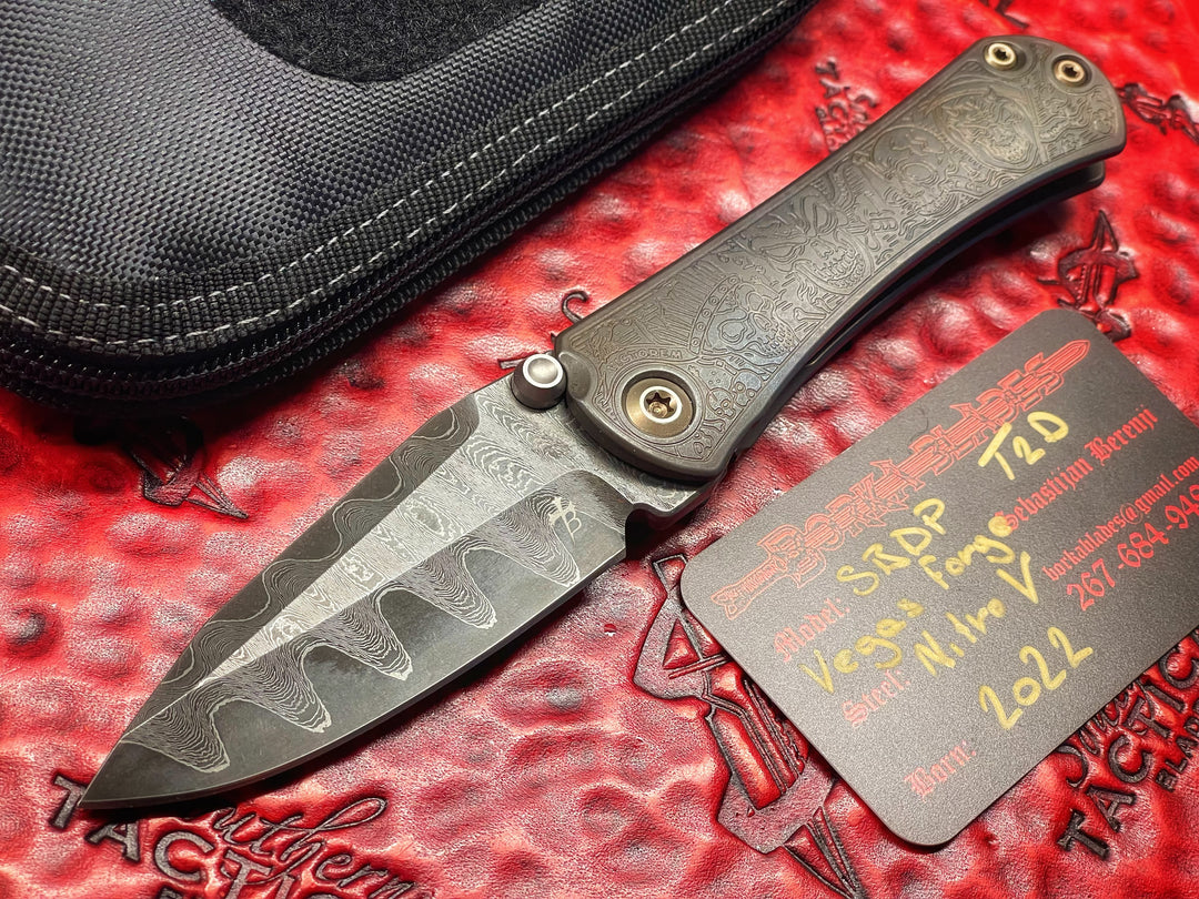Borka Blades SBDP, Drop Point Grind, Vegas Forge Nitro V Core Damascus, Ti2 Four Horsemen Titanium Scales, Manual Folding Knife