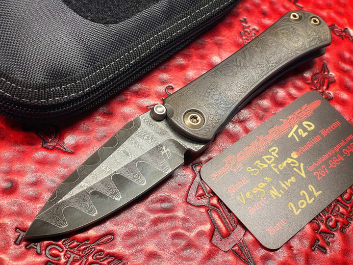 Borka Blades SBDP, Drop Point Grind, Vegas Forge Nitro V Core Damascus, Ti2 Four Horsemen Titanium Scales, Manual Folding Knife