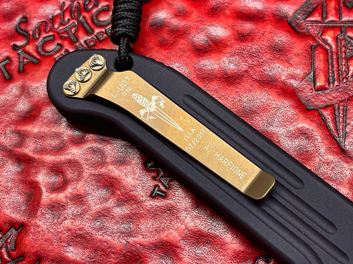 MARFIONE Custom LUDT Single Edge Two Tone Bronze Stonewash, Bronze Titanium Accents, automatic OTS Knife