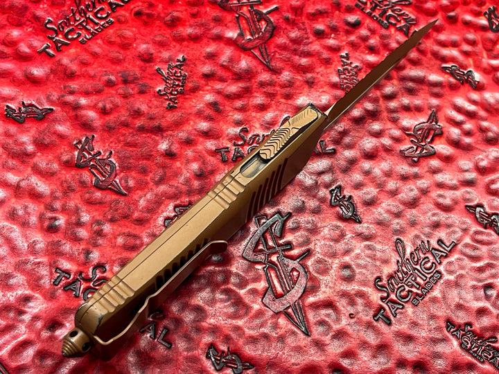 Marfione Custom/Microtech Knives Combat Troodon, Double Edge, 3/4 Serrations, Coyote Tan Cerakote, 1 of 2