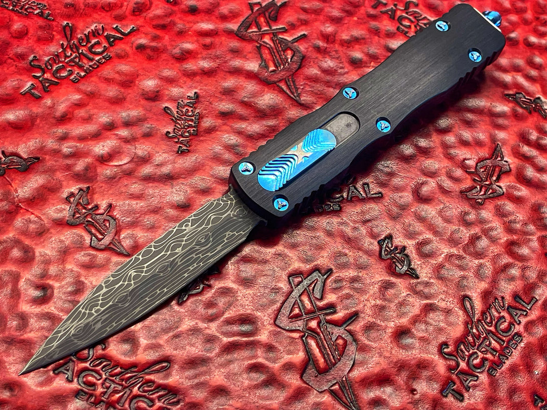 Marfione Custom Dirac Delta, Double Edge Spike Grind, Vine and Rose Damascus, Blue Titanium Accents, Double Action OTF Knife