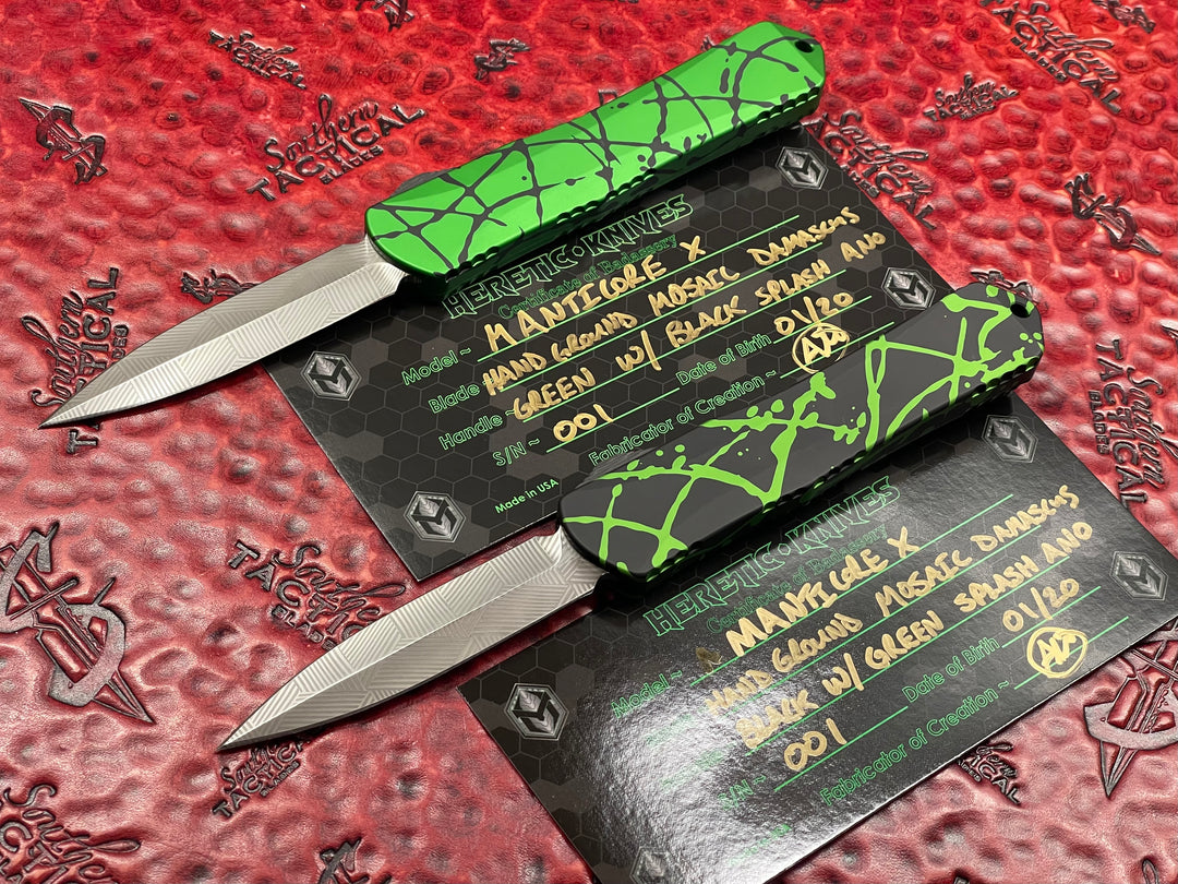 Heretic Knives Manticore X Splash Set of 4, Mosaic Damascus, Splash anodizing, specially packaged serial #001 Double action OTF Knives