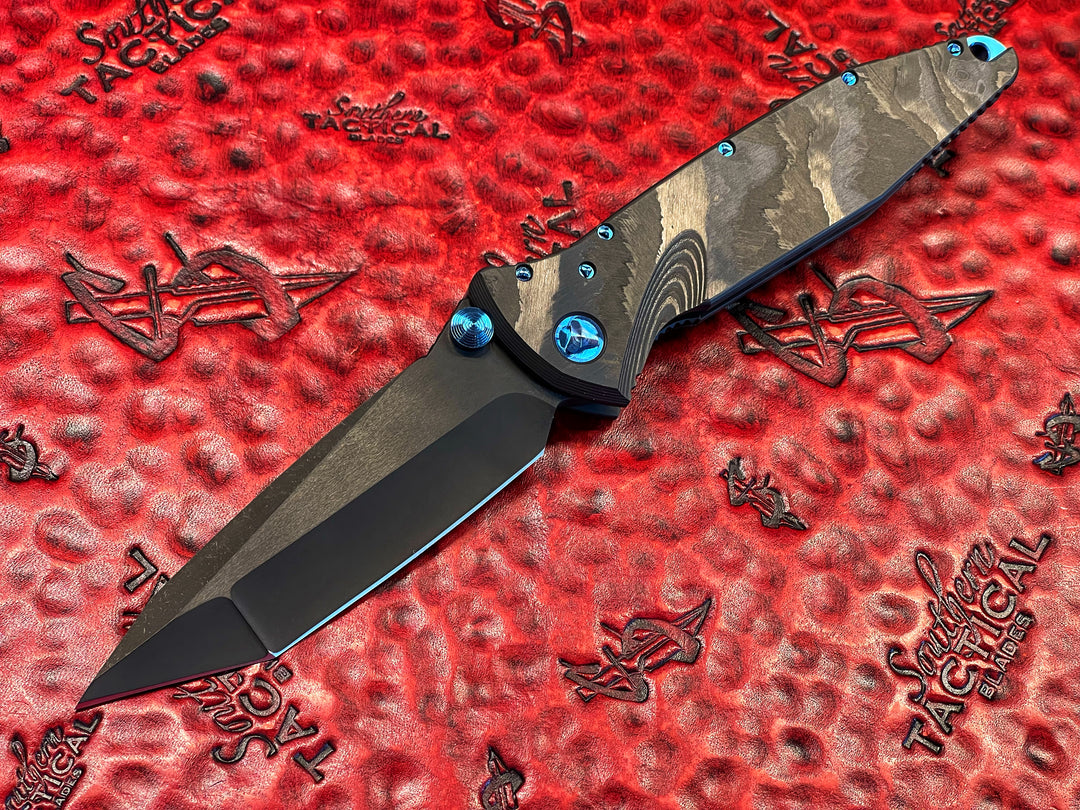 Marfione Custom Socom Elite Tanto DLC Apocalyptic Blade with Star Grind, Black Camo Fat Carbon Scales, Blue Titanium Accents #002