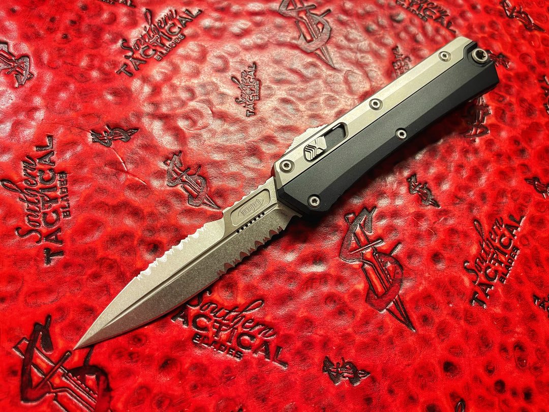 Microtech Glykon Bayonet Full Serrated Stonewashed, Double Action OTF Automatic Knife