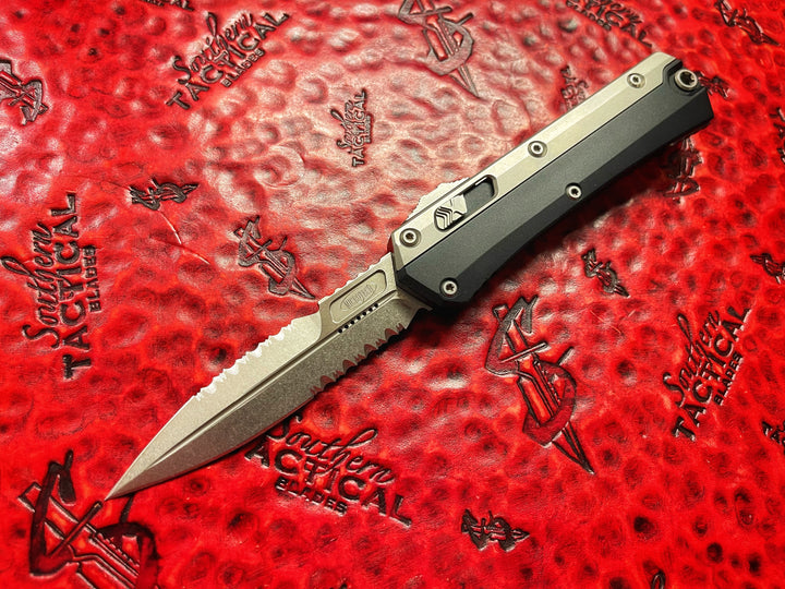 Microtech Glykon Bayonet Full Serrated Stonewashed, Double Action OTF Automatic Knife