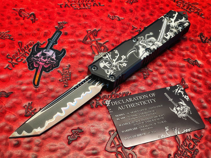 Microtech Scarab II GEN III, Tanto w Cerakote Hamon, Samurai Motif, Double Action OTF Knife