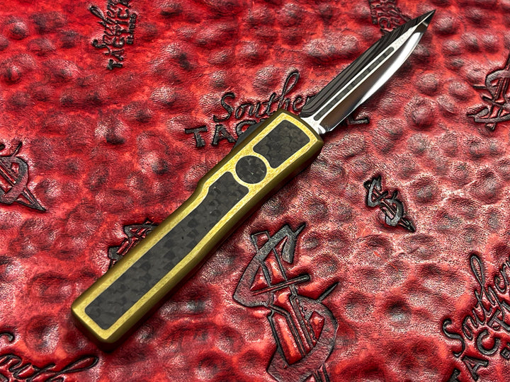 MARFIONE custom knives UTX-70, Mirror polished w/ Carbon fiber inlay, two tone brass w/ carbon fiber inlay, double action OTF Knife