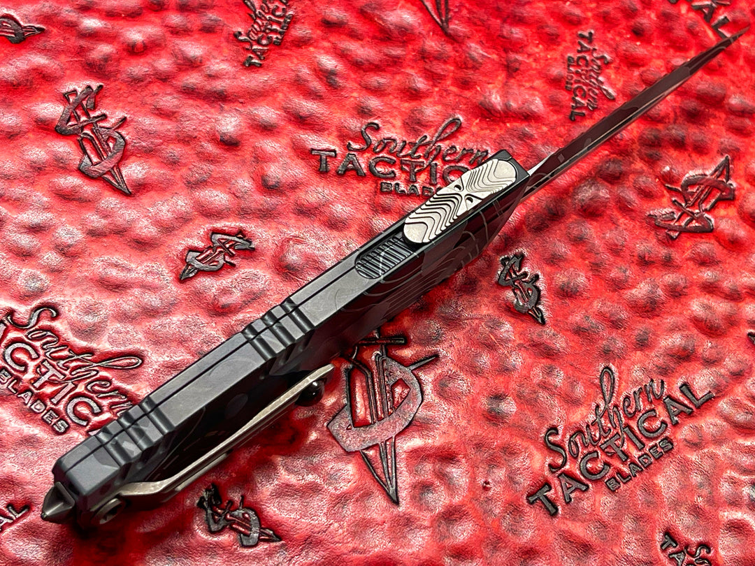 Microtech Luminary ZBP Double Edge Signature Series Topographic Urban Camo Full Serrated Tritium insert, Double Action OTF Knife