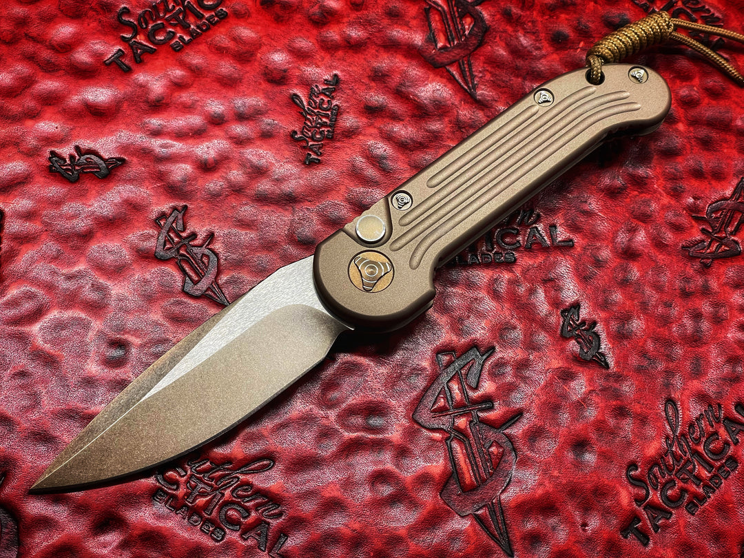 MARFIONE Custom LUDT Single Edge Two Tone Bronze Stonewash, Tan scales, Bronzed Titanium Accents automatic OTS Knife