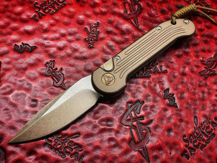 MARFIONE Custom LUDT Single Edge Two Tone Bronze Stonewash, Tan scales, Bronzed Titanium Accents automatic OTS Knife