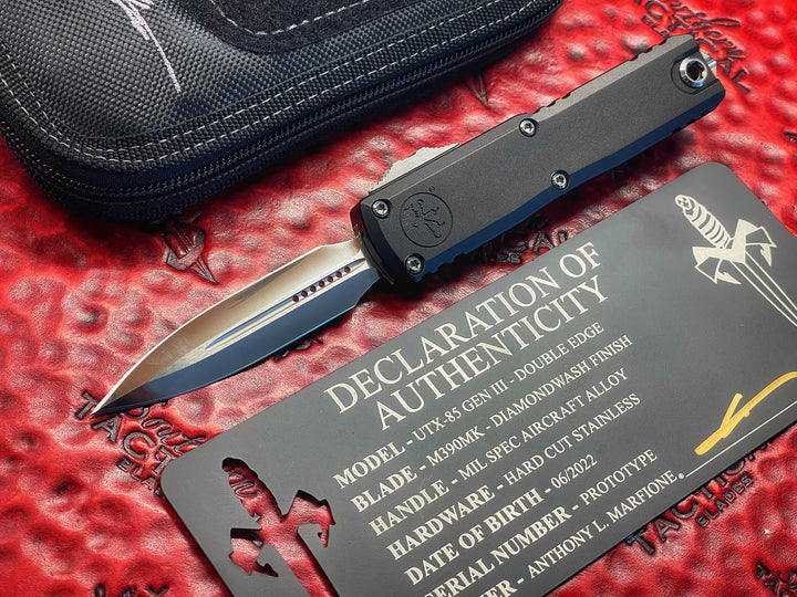 MARFIONE UTX-85 Gen III Prototype, Double Edge Diamond Wash, Hard Cut Stainless Hardware, Double Action OTF Knife