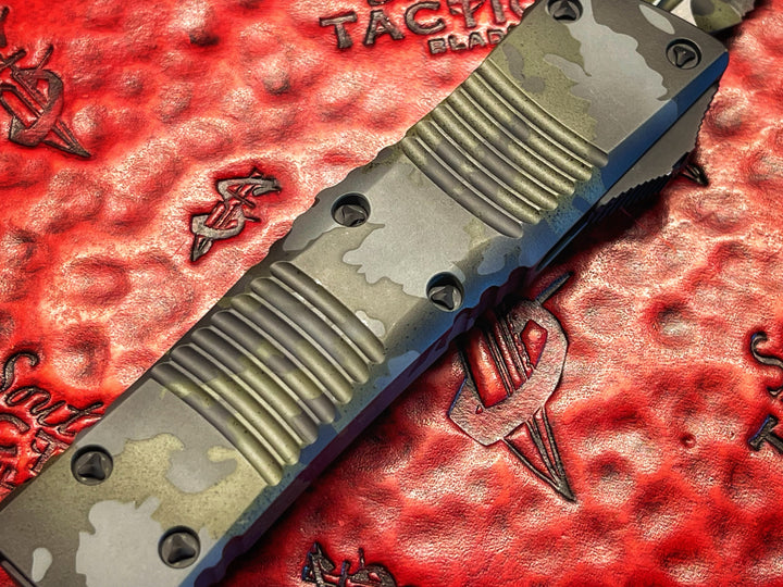 MARFIONE “Fuck Off” Combat Troodon, Double Edge Full serrated, Prototype Camouflage Cerakote, Double action OTF Knife
