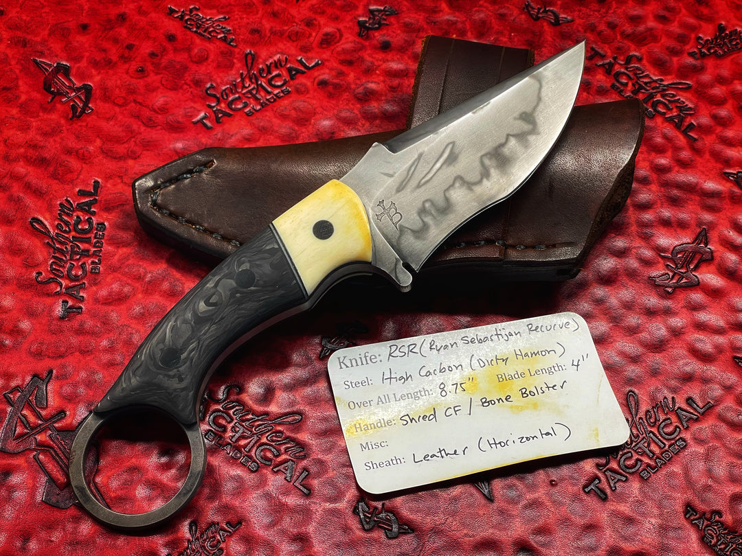 Borka Blades Ryan Weeks RSR (Ryan Sebastion Recurve) Dirt Hamon Fixed Blade, shredded Carbon fiber Scales w/ bone Bolster