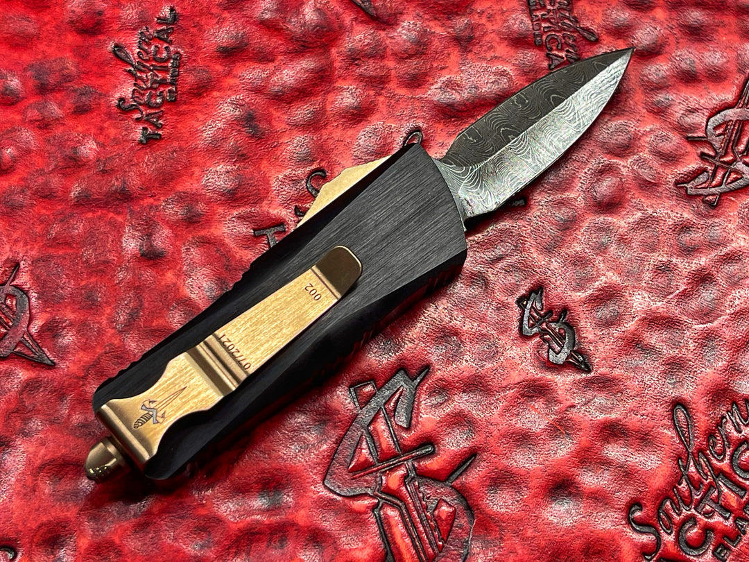 Marfione Custom Mini Troodon, Double Edge Spike Grind, Sharktooth Pattern Vegas Forge Damascus, Bronzed Ringed Accents