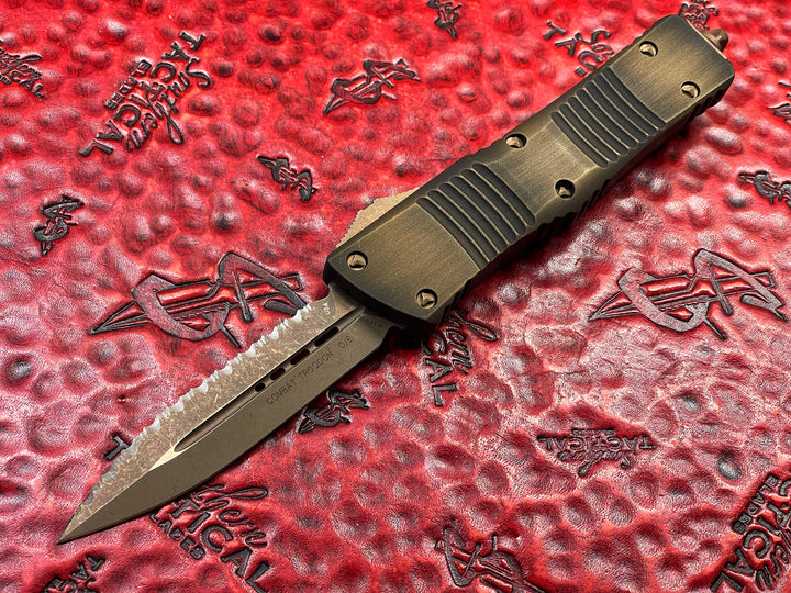 Microtech Combat Troodon Double Edge Bronze Apocalyptic Full Serrated Antique Bronze Signature Series Double Action OTF Knife