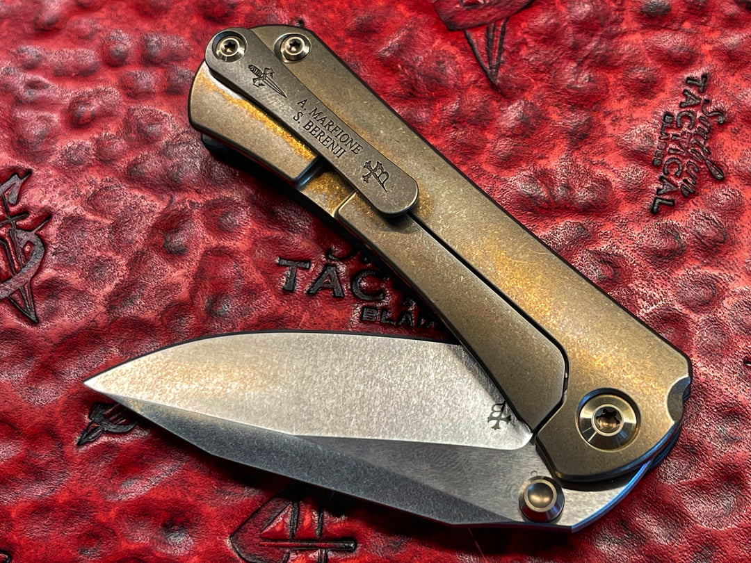 Marfione Custom Knives / Borka Blades Collaboration SBSP Stonewash Spear Point, Carbon Fiber, Bronze Titanium, Bronze Titanium Accents