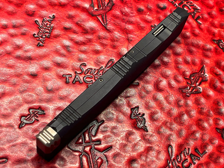 MARFIONE Custom Knives Vintage Nemesis IV, Hand Ground Bead Blast Double Edge Standard, Aluminum Chassis, Single Action OTF