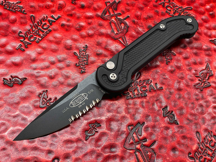 Microtech LUDT Single Edge, DLC Part Serrated Dimpled Scale, Vintage Automatic OTS Knife