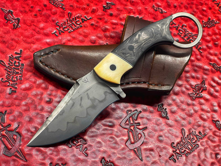 Borka Blades Ryan Weeks RSR (Ryan Sebastion Recurve) Dirt Hamon Fixed Blade, shredded Carbon fiber Scales w/ bone Bolster