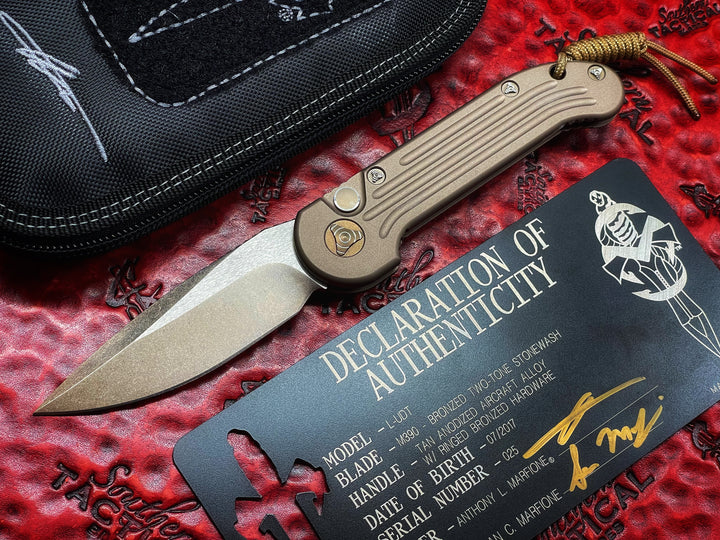 MARFIONE Custom LUDT Single Edge Two Tone Bronze Stonewash, Tan scales, Bronzed Titanium Accents automatic OTS Knife