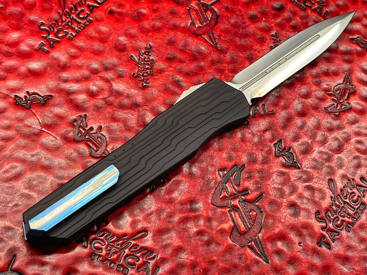 Marfione Custom Cypher, Double Edge, Hand Rubbed Satin, Stepped Alloy Chassis, Blue Titanium accents, double action OTF Knife