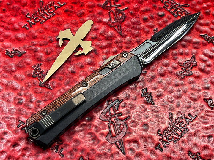 Marfione Custom Glykon 
Hot Blued WWII Pocket Change Pattern Broken Anvil Damascus,
Hefted Black Alloy w/ Burlap Micarta Overlay & DLC Two-Tone
Hardware, Double Action OTF Knife