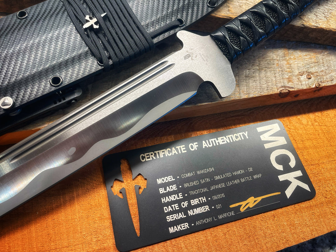 Marfione Custom Combat Wakizashi, Brushed Satin D2, Simulated Hamon Traditional Japanese Leather Battle Wrap, Fixed Blade