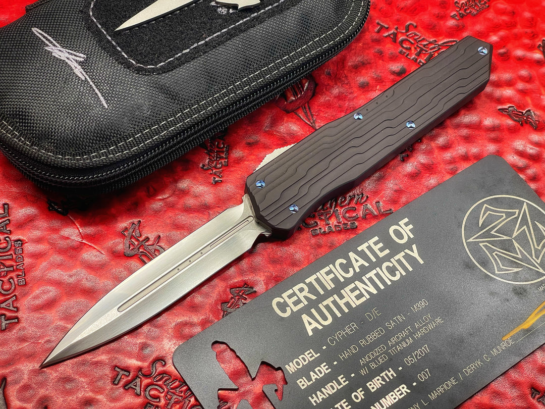 Marfione Custom Cypher, Double Edge, Hand Rubbed Satin, Stepped Alloy Chassis, Blue Titanium accents, double action OTF Knife