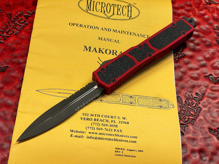 Vintage Microtech Knives Makora, Double Edge Part Serrated, Red Double Action OTF