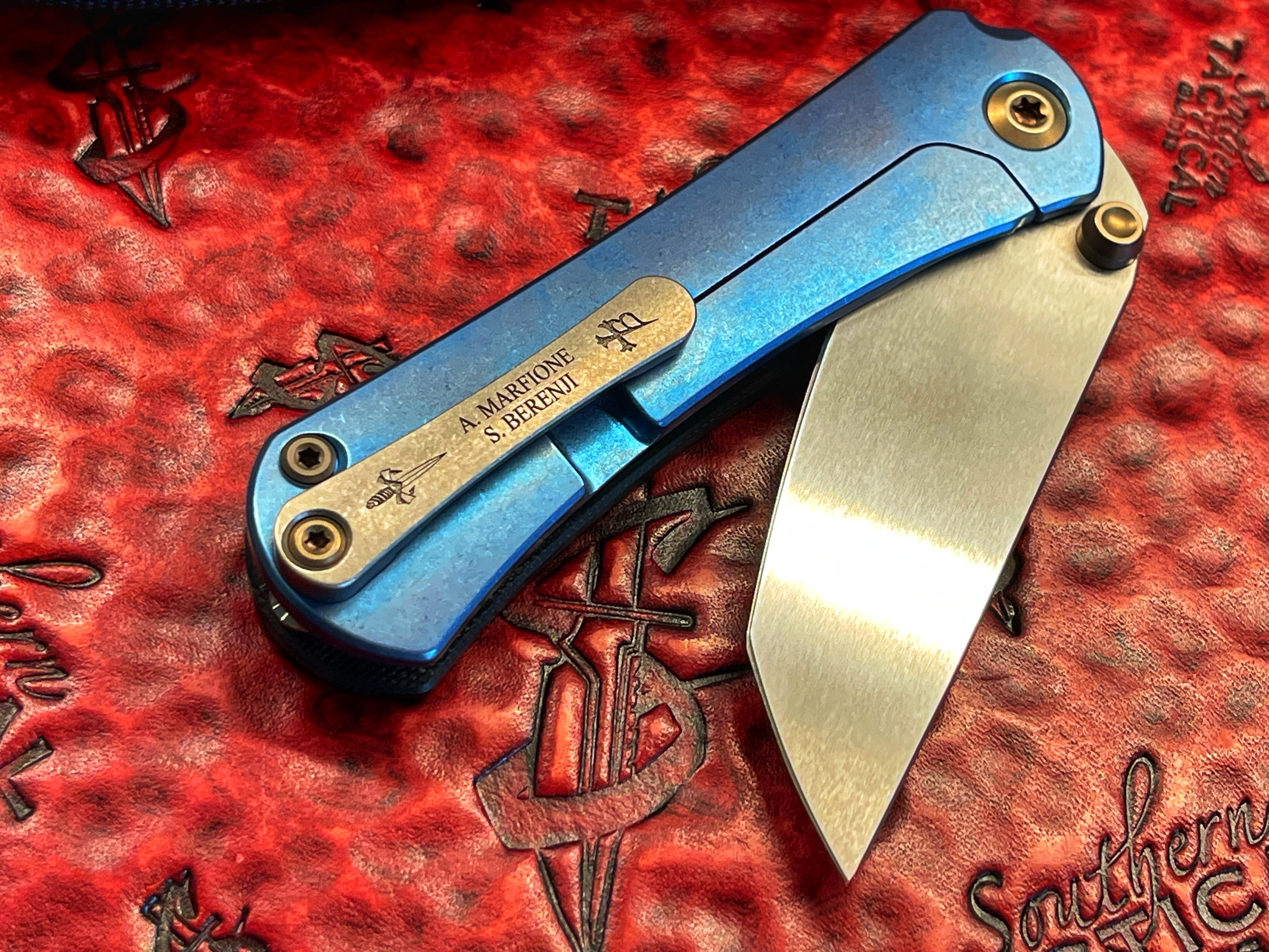 Marfione Custom Knives / Borka Blades Collaboration SBTF Satin Tanto Chisel Grind, G10, Blue Titanium, Bronze Titanium Accents