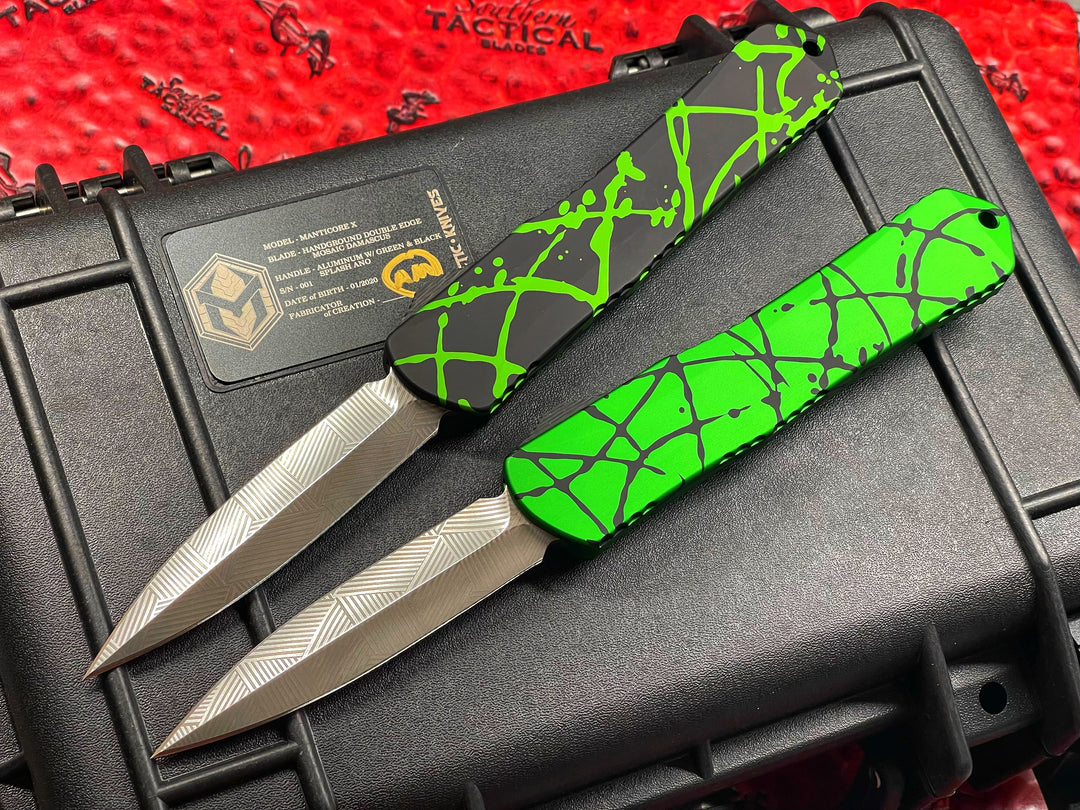 Heretic Knives Manticore X Splash Set of 4, Mosaic Damascus, Splash anodizing, specially packaged serial #001 Double action OTF Knives
