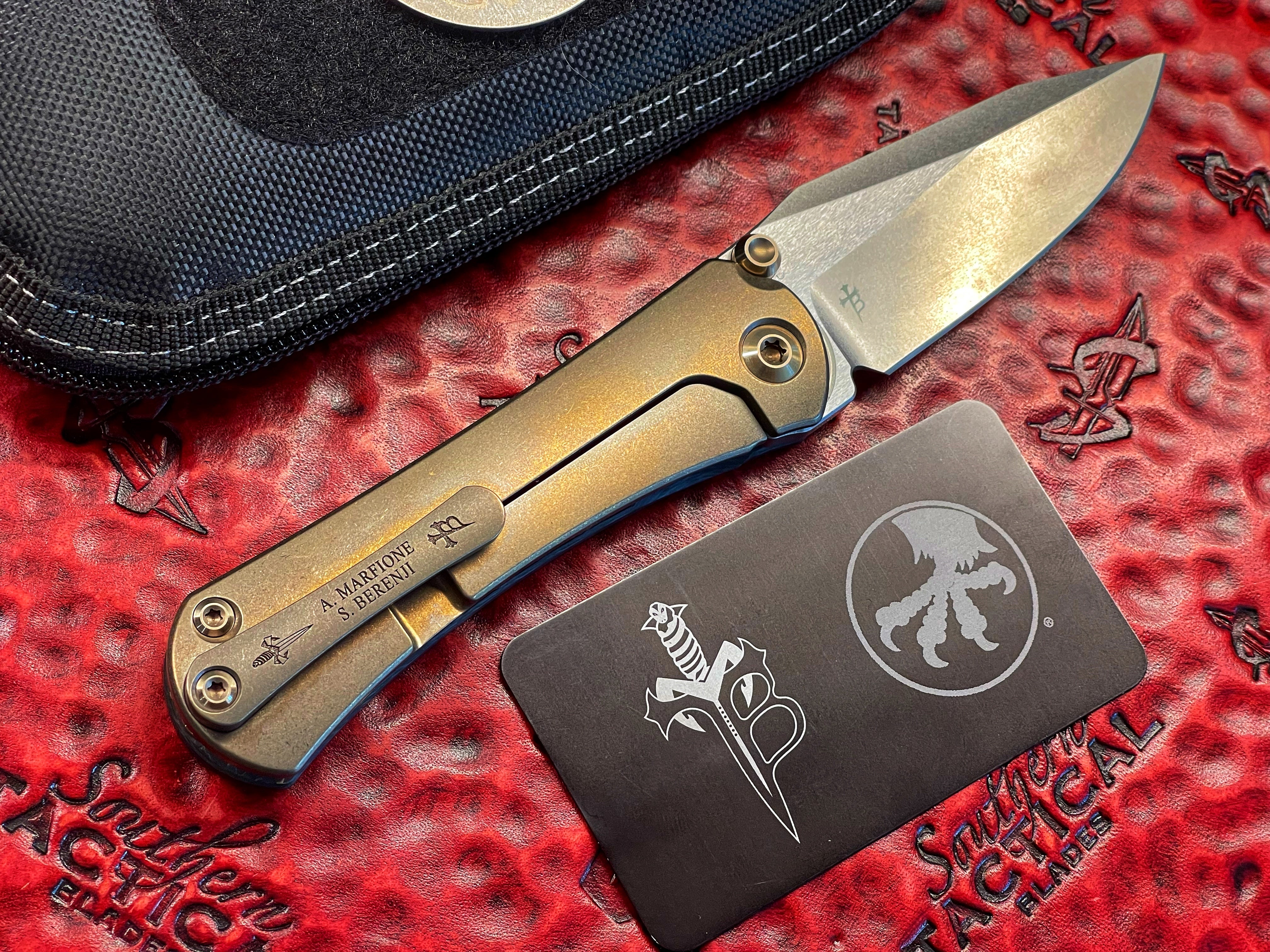 Marfione Custom Knives / Borka Blades Collaboration SBSP Stonewash Spear Point, Carbon Fiber, Bronze Titanium, Bronze Titanium Accents