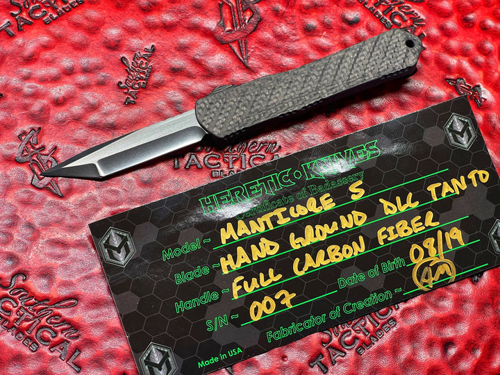 Heretic Knives Manticore S Hand Ground Tanto DLC Blade, Full Carbon Body Double Action OTF