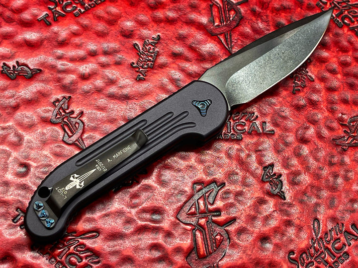 MARFIONE custom LUDT Single Edge, Stonewash DLC, Black Anodized Alloy Scales, Blue Ringed Ti accents, automatic OTS Knife
