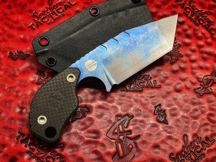 Blackside Customs/ Strider Knives SLCC Fixed Blade Knife Tanto Grade 5 Titanium, Anodized Blue, Carbon Fiber