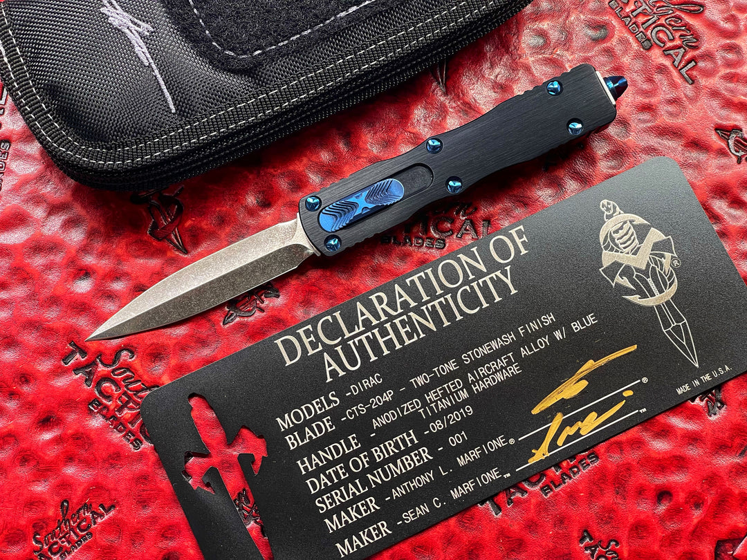 MARFIONE Custom Knives Dirac, Double Edge Spike Grind, Stonewash, Hefted Aluminum Chassis, w Blue Titanium accents, double action OTF knife