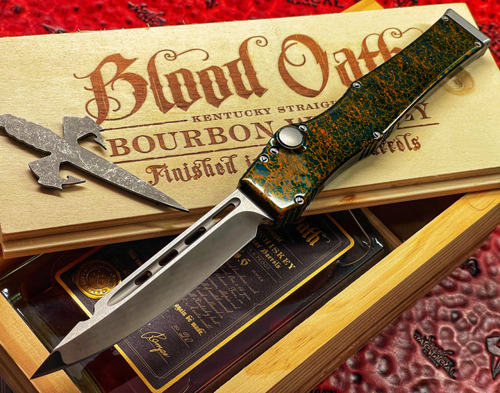 Marfione Custom HALO V, Single Edge Mirror Polished, Splash Anodize Alloy, Single Action OTF Knife