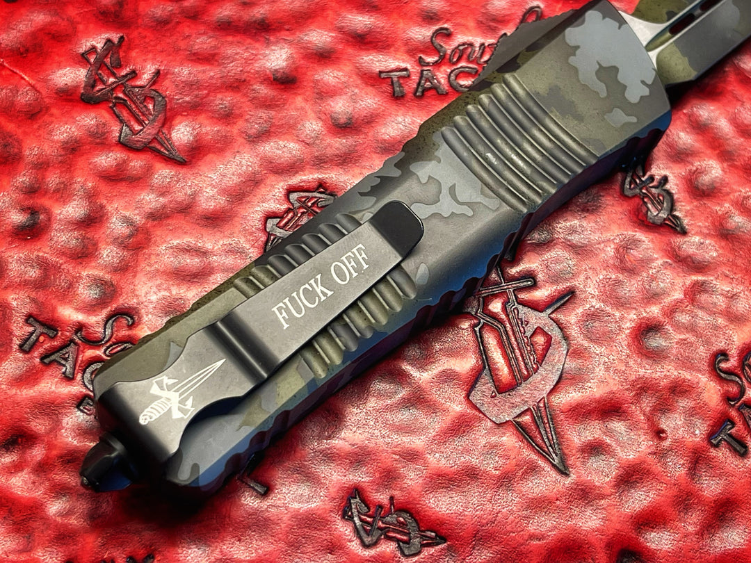 MARFIONE “Fuck Off” Combat Troodon, Double Edge Full serrated, Prototype Camouflage Cerakote, Double action OTF Knife