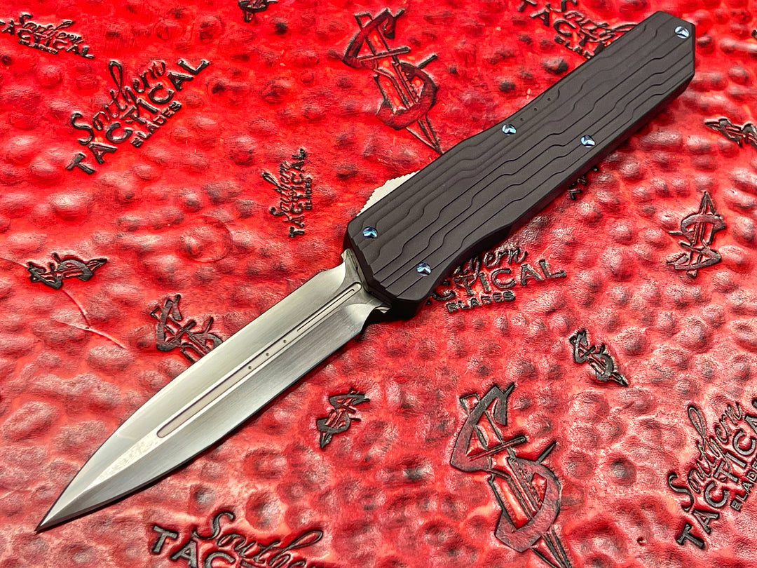 Marfione Custom Cypher, Double Edge, Hand Rubbed Satin, Stepped Alloy Chassis, Blue Titanium accents, double action OTF Knife