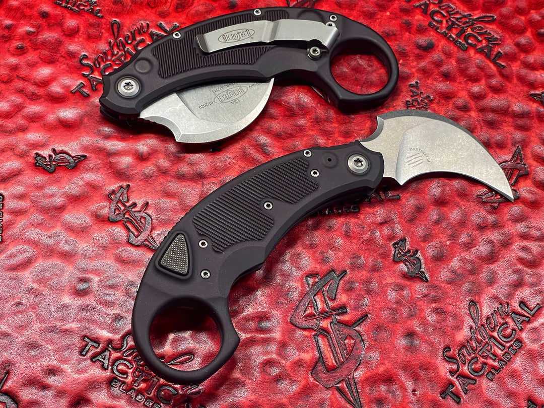 Microtech Knives / Bastinelli Knives Auto Iconic, folding Karambit Stonewash standard, (WITH SAFETY)