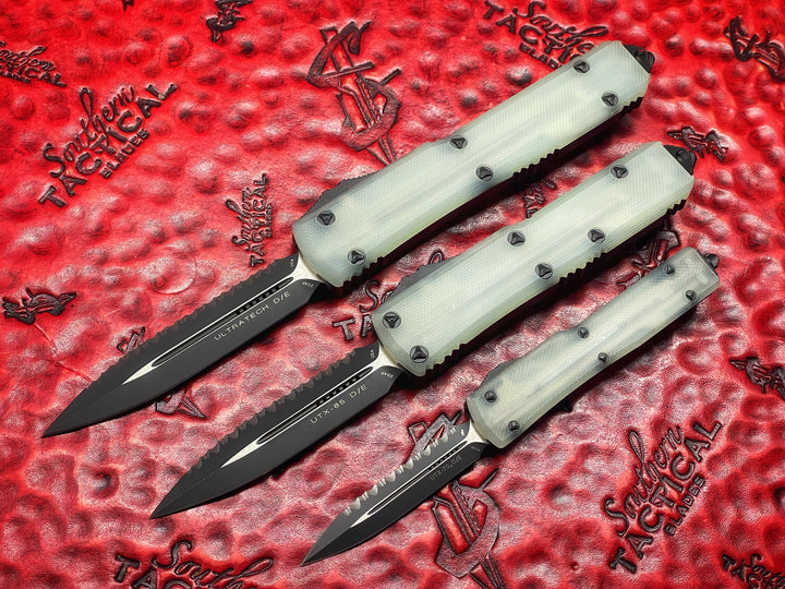 Microtech “Fuck Off” Set, w/ Ultratech, UTX-85, and UTX-70, Double Edge, Full Serrated w/ Jade Green G10 Top Double Action OTF Knives